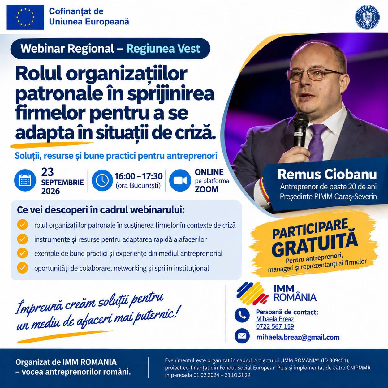 Webinar online: „Rolul organizațiilor patronale în sprijinirea firmelor pentru a se adapta în situații de criză”